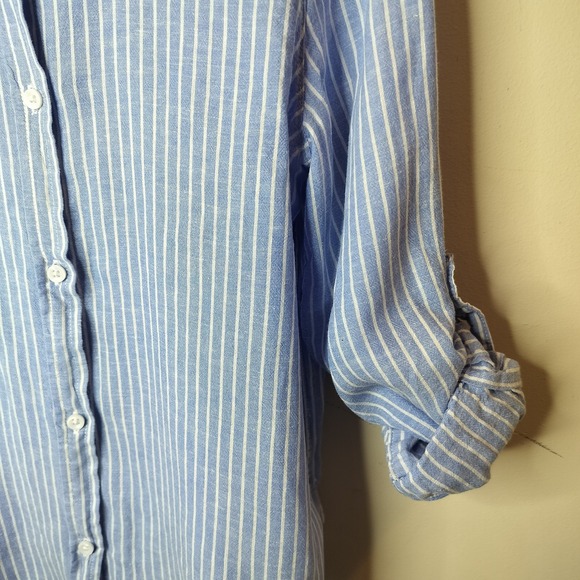 Lola River Button Up Shirt Blue White Stripe Linen Blend - Picture 7 of 10